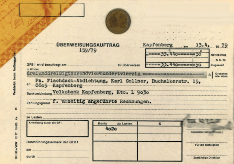 Erster Zahlungseingeng 1979 - Gollner GmbH - Dachdeckerei, Spenglerei, Garten- und Landschaftsgestalter